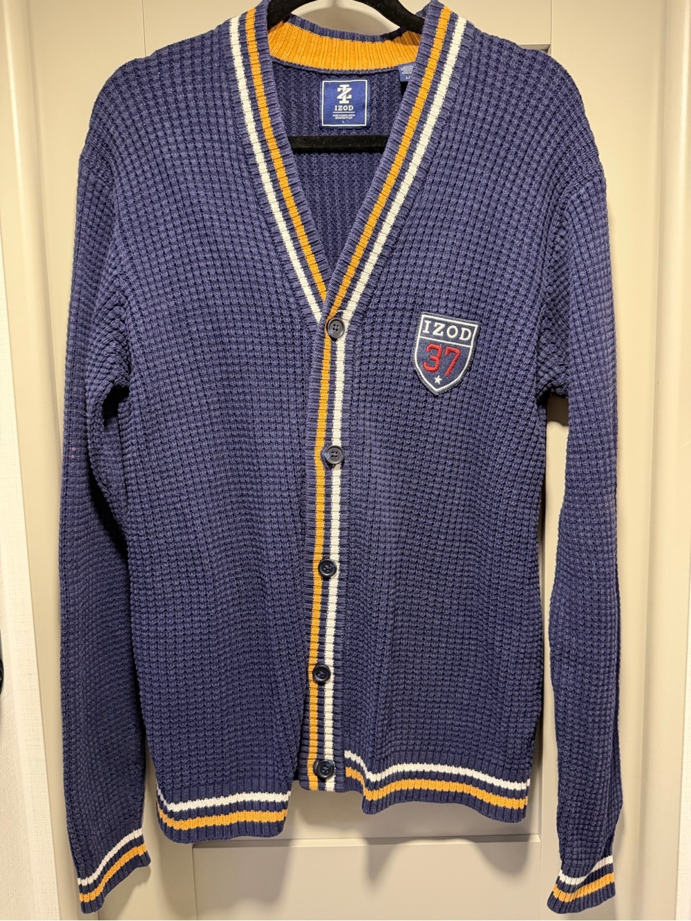 Vintage IZOD Navy Knit Cardigan with Yellow Trim
